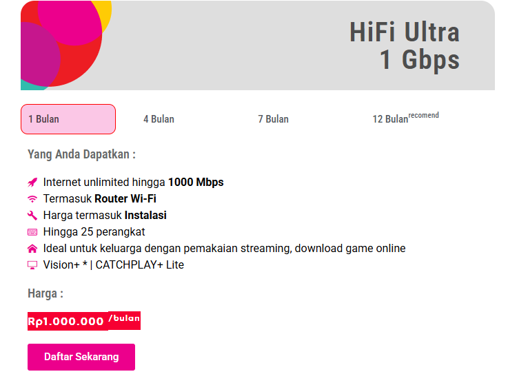 Paket HiFi Ultra 1 Gbps – Rp1.000.000 perbulan WiFi Tanpa FUP Semarang